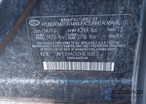 2013 Hyundai Sonata Gls z USA, uszkodzony, nr VIN 5NPEB4AC6DH676817